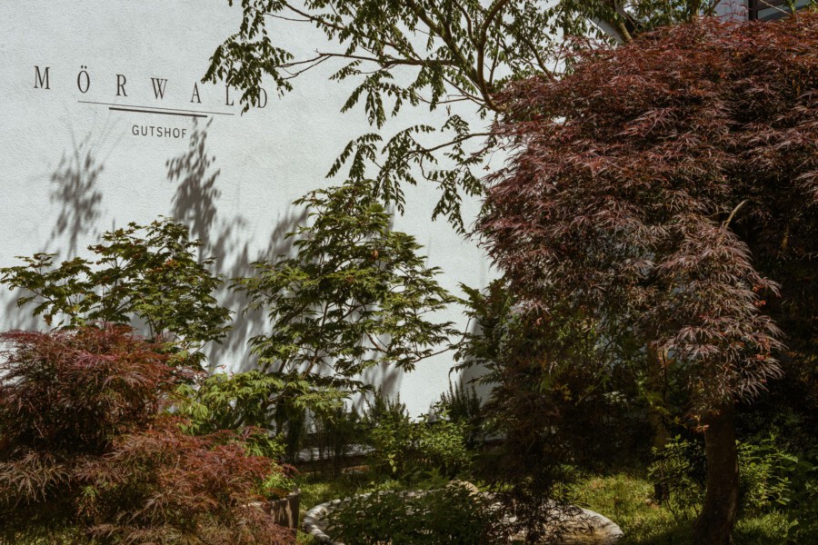 Weiße Wand mit dem Schriftzug MÖRWALD GUTSHOF; davor grüne Sträucher und rote japanische Ahornsträucher, Schatten von Ästen auf der Wand.