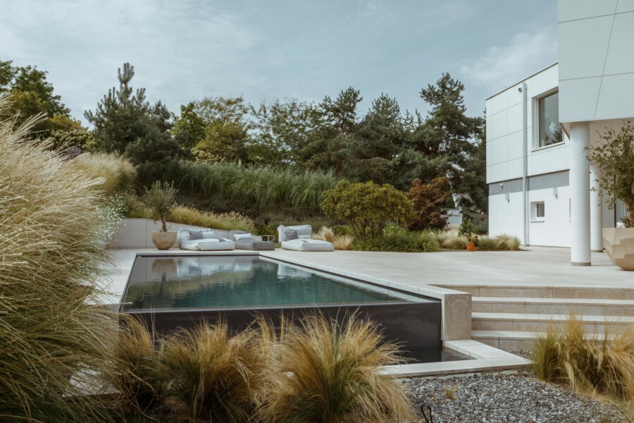 Modern white house with a rectangular pool on a stone patio, loungers with cushions, and landscaped grasses and shrubs under a blue sky.