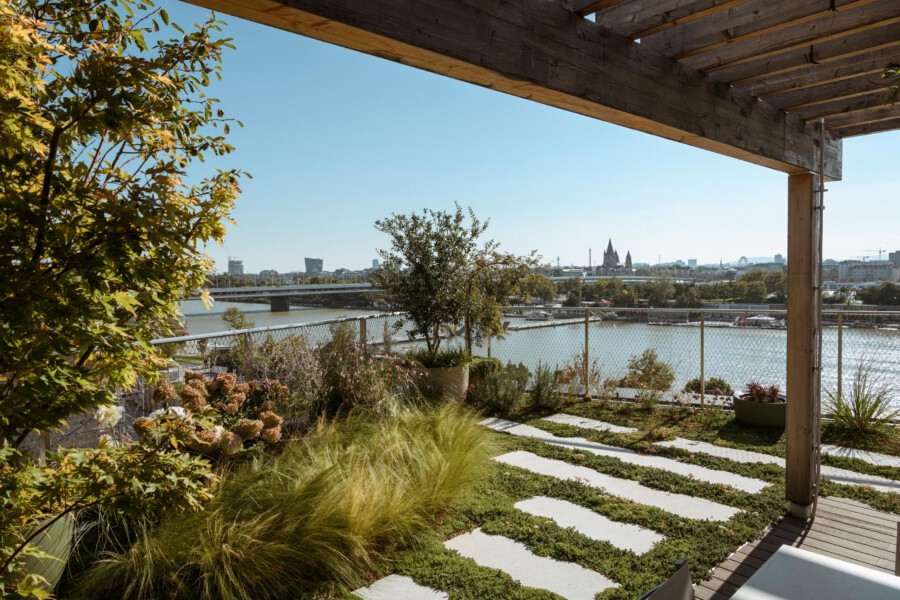 Rooftop garden with a stone-and-grass path, potted plants, and a wooden pergola. A river, bridge, and city skyline with church spires in the distance.