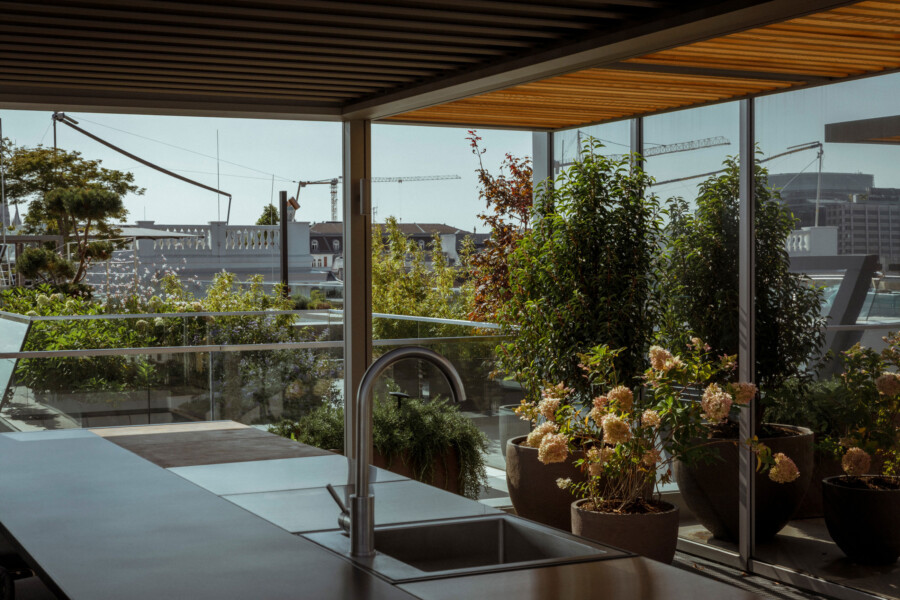 Modern kitchen island with a stainless steel sink under a wood ceiling, glass walls open to a terrace with potted plants and a distant city skyline.