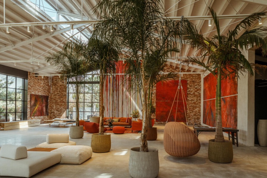 Innenraum mit mehreren Dypsis lutescens-Palmen in grauen Töpfen, Loft-Atmosphäre, orange Sitzmöbel vor roter Ziegelwand mit Kunstwerken.