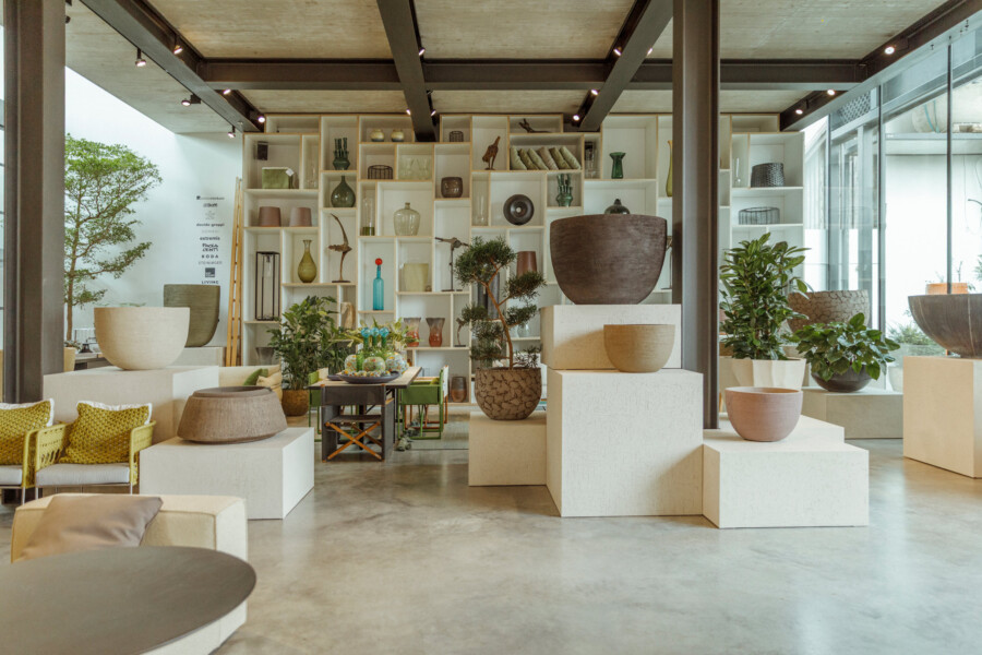Ausstellungsraum mit weißen Podesten, keramischen Gefäßen und Grünpflanzen; Ficus sp. im Vordergrund, Regalwand im Hintergrund.