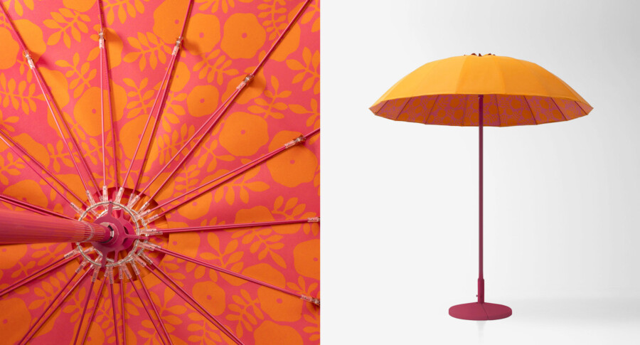 Split view: left a pink parasol with orange floral pattern and visible spokes; right an orange umbrella on a purple pole against white.