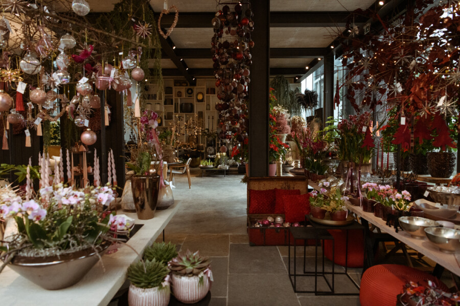 Innenansicht eines Blumen- und Deko-Geschäfts mit vielen Pflanzen, Töpfen und hängenden Ornamenten in Rosa- und Rottönen.