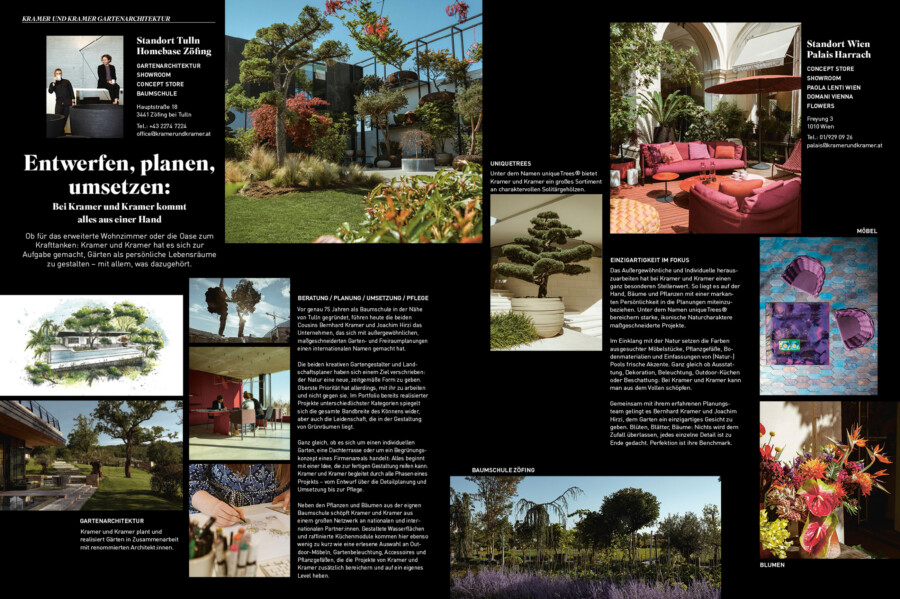 Collage auf schwarzem Hintergrund mit Gartenarchitektur-Fotos, Lounge- und Showroom-Szenen, Bonsai, Blumen und Textblöcken zu Planung und Umsetzung.