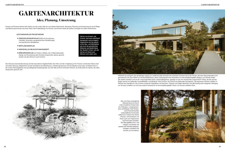 Zweiseitige Magazinseite zur Gartenarchitektur: links Textblock und Schwarz-Weiß-Gartenillustration, rechts Farbfotos eines modernen Hauses und eines Gartenpfads.