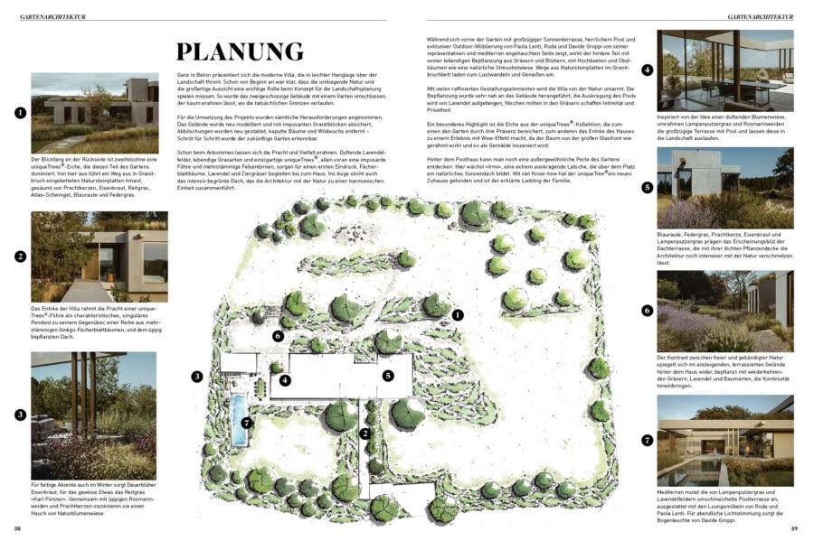 Doppelseite eines Magazins zur Gartenarchitektur: zentrale Planzeichnung einer Villa in einer Gartenlandschaft mit Bäumen; Randbereiche zeigen nummerierte Fotoabschnitte.