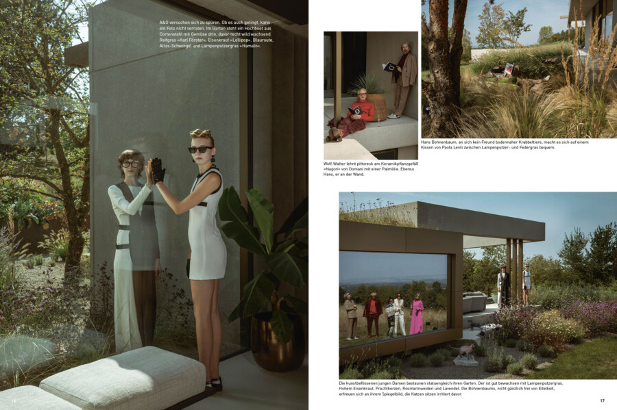 Doppelseiten-Magazinlayout: links zwei Personen in weißen Outfits vor Glaswand im Garten; rechts weitere Fashion-Aufnahmen in Outdoor-Szenen.