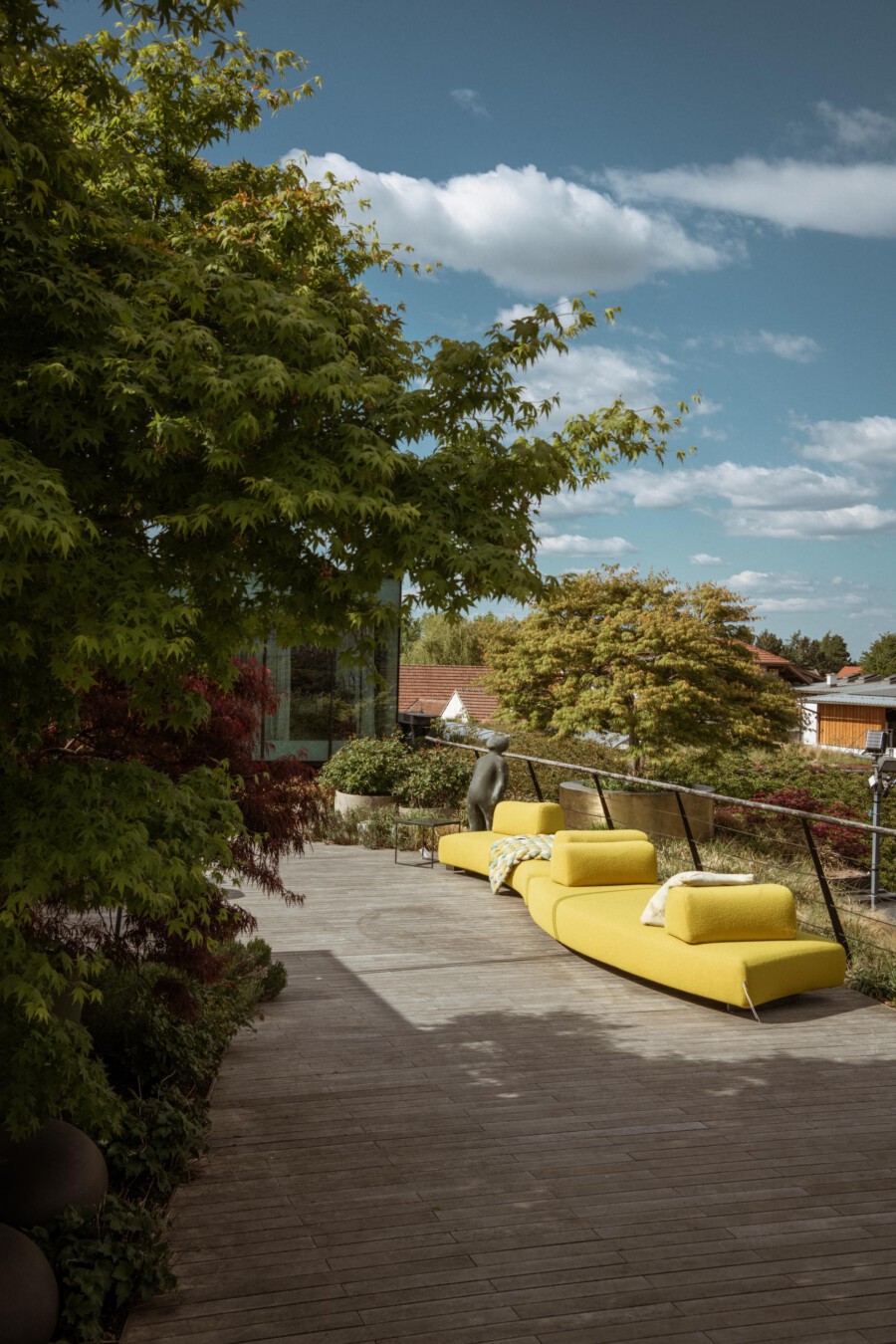 Großer Acer palmatum über einer Holzterrasse mit gelben Loungemöbeln; sonniger Gartenbereich unter blauem Himmel.